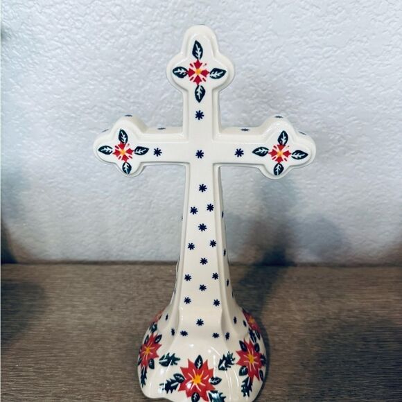 Boleslawiec Polish Pottery Poinsettia Ceramic Cross Christmas Statue - Picture 3 of 4